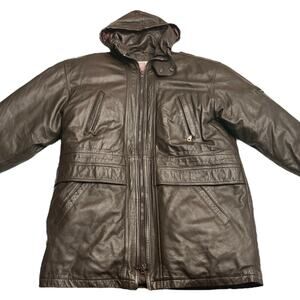 Vintage All American Men's Brown Leather Down Long Hooded Zip Coat Size Large